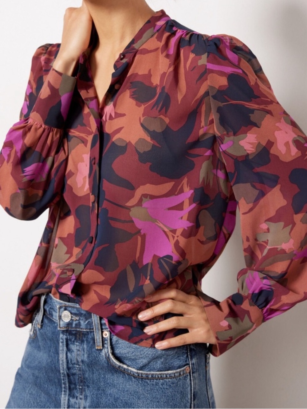 Evereve Darby Chiffon Floral Blouse Burgundy Pink Black Medium Long Sleeve Sheer